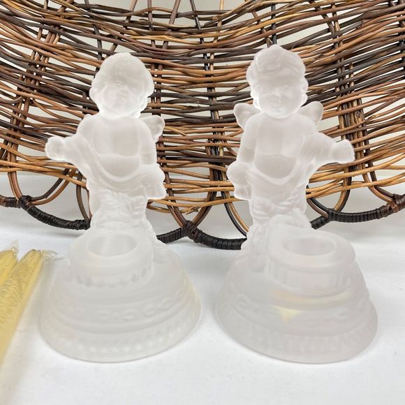 Vintage 1995 Vatican Library Collection Crystal Cherub Candleholders Pair 5" - Picture 2 of 10